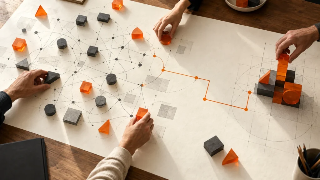 Personas conectando un mapa de relaciones con una estructura compartida